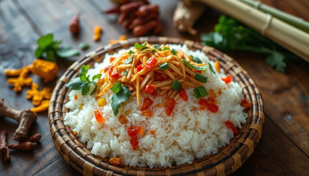 A beautifully arranged plate of nasi kentut Medan, showcasing fragrant rice mixed with a variety of colorful toppings including fried shallots, spicy sambal, and fresh herbs. The dish is served on a traditional Indonesian woven plate, with a backdrop of a rustic wooden table adorned with spices like turmeric and lemongrass, creating a warm and inviting atmosphere. The lighting is soft and warm, highlighting the colors of the ingredients, evoking a sense of home-cooked authenticity. The composition captures the dish from a slightly angled overhead perspective, emphasizing its textures and vibrant colors. The mood is lively and appetizing, inviting the viewer to experience the unique flavors of Indonesian cuisine.
