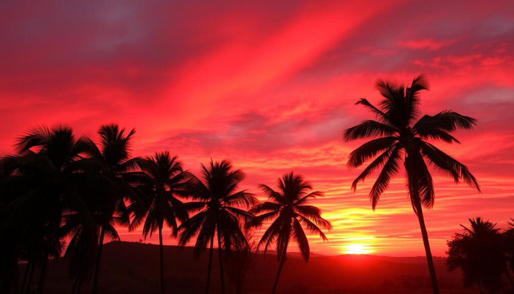 A breathtaking sunset sky over Pandeglang, with rich, vivid shades of deep crimson and scarlet. In the foreground, silhouettes of lush palm trees sway gently, creating a striking contrast against the intense red backdrop. The middle ground features gently rolling hills bathed in warm golden light, while the horizon glows with shimmering oranges and pinks, enhancing the vibrant reds. The lighting captures the transition of sunset, casting a soft golden hue on the landscape while highlighting the deep reds of the sky. The image is shot from a low angle to emphasize the towering trees and the expansive sky above, evoking a sense of wonder and tranquility. The mood is serene yet spectacular, inviting viewers to appreciate the natural beauty of this unique phenomenon.