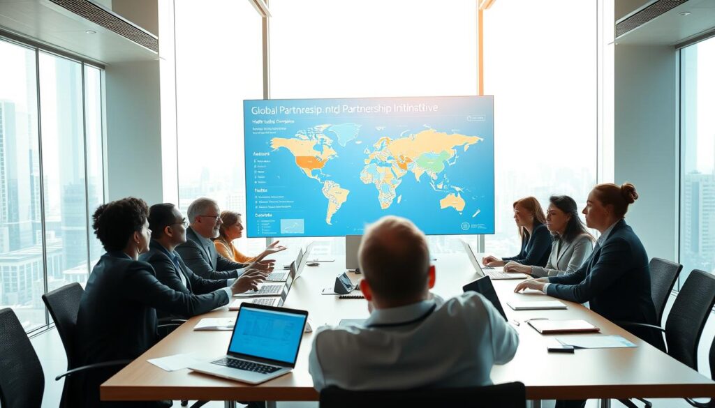 A collaborative scene depicting the global partnership of the World Health Organization (WHO) with diverse organizations. In the foreground, a group of professionals in business attire, including men and women of different ethnic backgrounds, are engaged in dynamic discussions around a large conference table, with laptops and documents scattered. The middle ground features a large digital screen displaying a world map with health data and partnership initiatives. In the background, a bright and modern conference room with large windows overlooks a cityscape. Soft natural lighting fills the space, creating an atmosphere of optimism and collaboration. The angle captures both the engaged group and the informative visuals on the screen, emphasizing the theme of global health partnership.