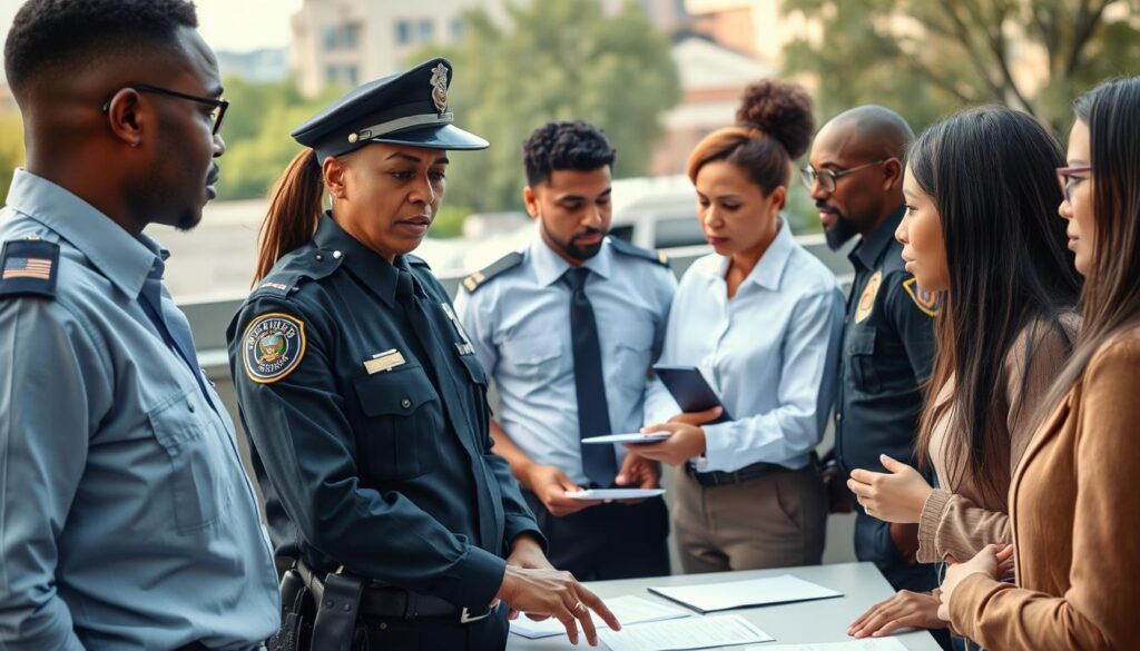 A collaborative scene featuring social workers and police officers engaging in a discussion in an urban setting, emphasizing teamwork in community safety. In the foreground, a social worker in professional attire talks intently with a police officer, both showing expressions of determination and empathy. In the middle, a diverse group of professionals, including both male and female social workers and officers, interact around a table, with paperwork and digital devices. The background depicts a cityscape, with buildings and trees, to suggest a community environment. Soft, natural lighting creates a hopeful atmosphere, captured from a slightly elevated angle to convey a sense of unity and urgency in addressing social issues.