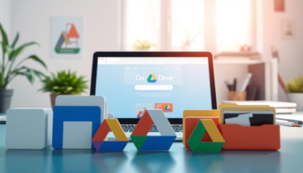 A digital illustration of a Google Drive interface displaying a variety of backed-up data types. In the foreground, include icons representing images, documents, and videos, all organized in neat folders. In the middle, showcase a computer or smartphone screen with a well-lit Google Drive homepage, highlighting the backup feature. The background should feature a soft-focus tech workspace with a laptop and some office supplies, conveying a sense of productivity and organization. Use bright, natural lighting to give a fresh and modern atmosphere. The perspective should be slightly angled to emphasize the depth of the workspace, creating an inviting, professional environment.