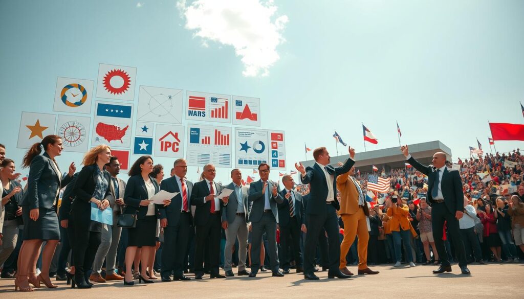 A dynamic scene depicting various techniques of political propaganda in action. In the foreground, a diverse group of individuals dressed in professional business attire passionately discussing campaign strategies, perhaps with pamphlets and posters in hand. In the middle, visual metaphors for key propaganda techniques such as symbols, charts, and visually striking campaign materials, all designed with vibrant colors and strong contrast to attract attention. The background features a large political rally with a crowd engaging enthusiastically, under a bright sky that symbolizes hope and change. The lighting is warm and inviting, casting soft shadows to create depth, and the perspective is slightly angled to give a sense of movement and urgency, capturing the electrifying atmosphere of political engagement.