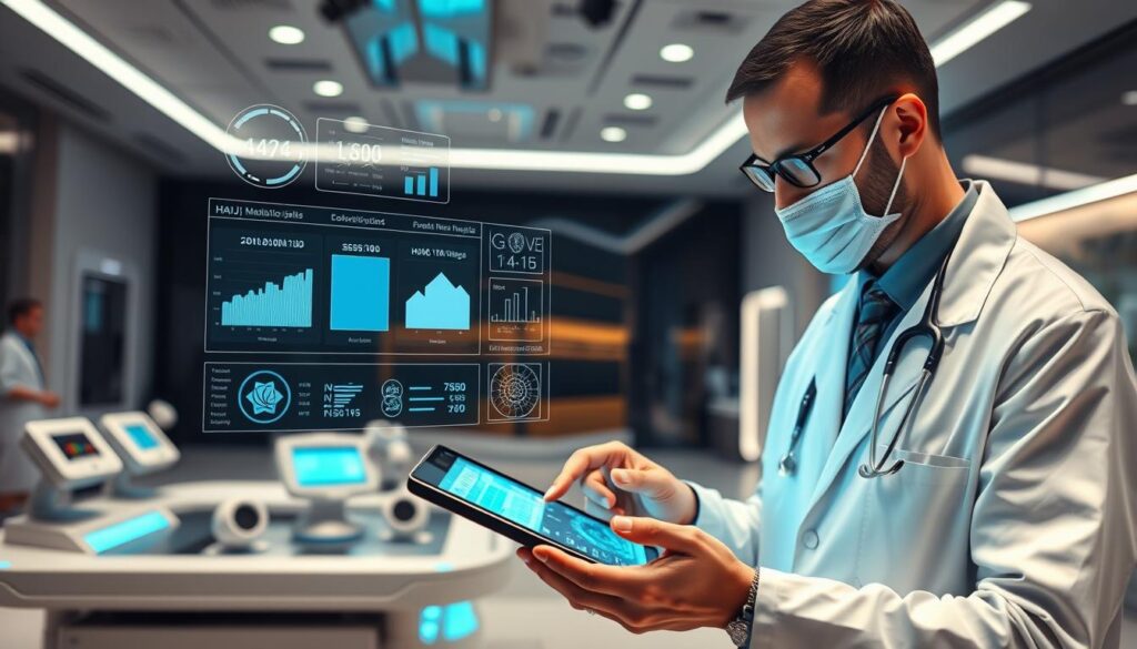 A high-tech healthcare system for hajj pilgrimage, showcasing a digital interface with medical data being processed. In the foreground, a professional wearing lab coat and glasses examines a tablet, surrounded by graphics of health metrics and test results. The middle ground features a futuristic workstation with medical equipment like blood pressure monitors and health screening devices. In the background, a sleek office environment with soft, ambient lighting enhances a focus on health and safety. The atmosphere is one of professionalism and care, emphasizing the importance of health checks before the pilgrimage. Use a slight wide angle to capture the depth and modern technology of the space.