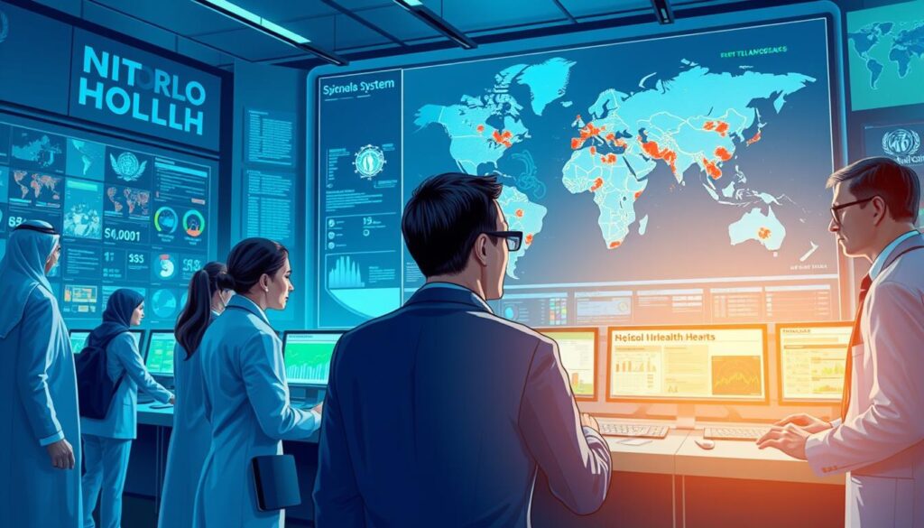 A highly detailed illustration of the World Health Organization's epidemic surveillance and monitoring system. In the foreground, a diverse group of professionals in business attire, including scientists and health officials, are analyzing data on digital screens, showcasing maps and statistics of global health threats. The middle ground features a sophisticated control room filled with advanced technology, such as computers and monitors displaying real-time outbreak information. The background reveals a large map of the world with highlighted regions showing active health alerts. Soft blue and green lighting creates a calm and focused atmosphere, emphasizing the seriousness of global health efforts. The image is captured from a slightly elevated angle, providing a comprehensive view of the scene, conveying a sense of urgency and collaboration.