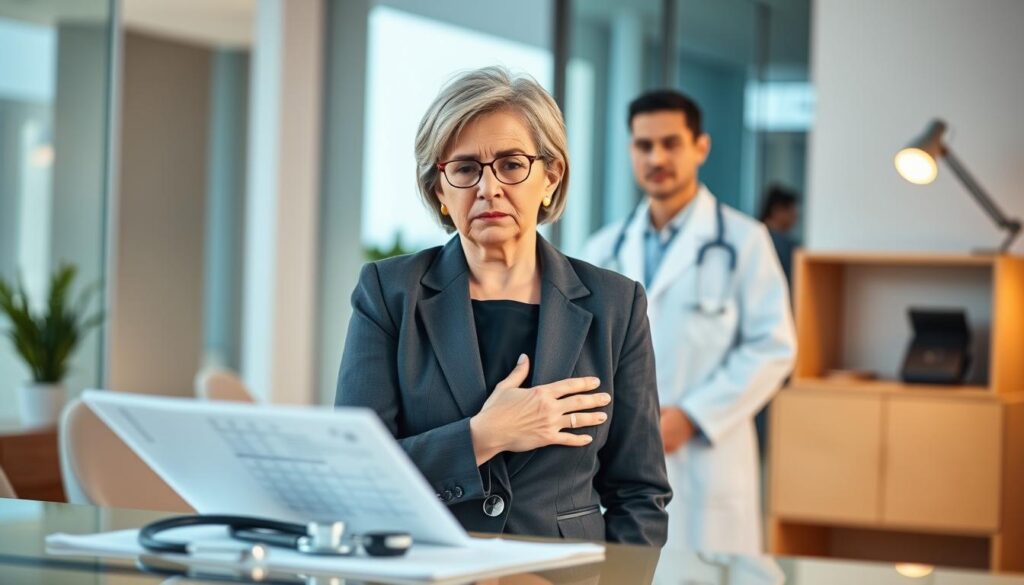 A professional healthcare setting featuring a slight left-side chest pain symptom displayed by a middle-aged individual. The subject, a woman dressed in a smart business attire, has a concerned expression, with her hand gently placed on her left chest area to indicate discomfort. The foreground features a stethoscope and medical chart, suggesting a clinical environment. In the middle ground, a soft-focus healthcare professional in a white coat observes, showcasing empathy and attention. The background reveals a modern doctor's office, with warm lighting that enhances the atmosphere of care and concern. The composition should evoke a serious yet hopeful mood, emphasizing the importance of understanding chest pain symptoms.