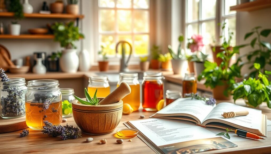 A serene and inviting kitchen scene showcasing a variety of homemade natural skincare products. In the foreground, display a wooden table with glass jars filled with vibrant botanical ingredients like lavender, aloe vera, and honey. A mortar and pestle are nearby, symbolizing the process of crafting these skincare items. The middle ground features an open cookbook displaying a skincare recipe, adorned with fresh herbs and essential oils scattered around. In the background, soft sunlight filters through a window, illuminating potted plants and creating an uplifting atmosphere. The overall mood should be calm, inspiring creativity, and the image should be in high-resolution with a warm color palette, emphasizing the natural, homemade essence of skincare.