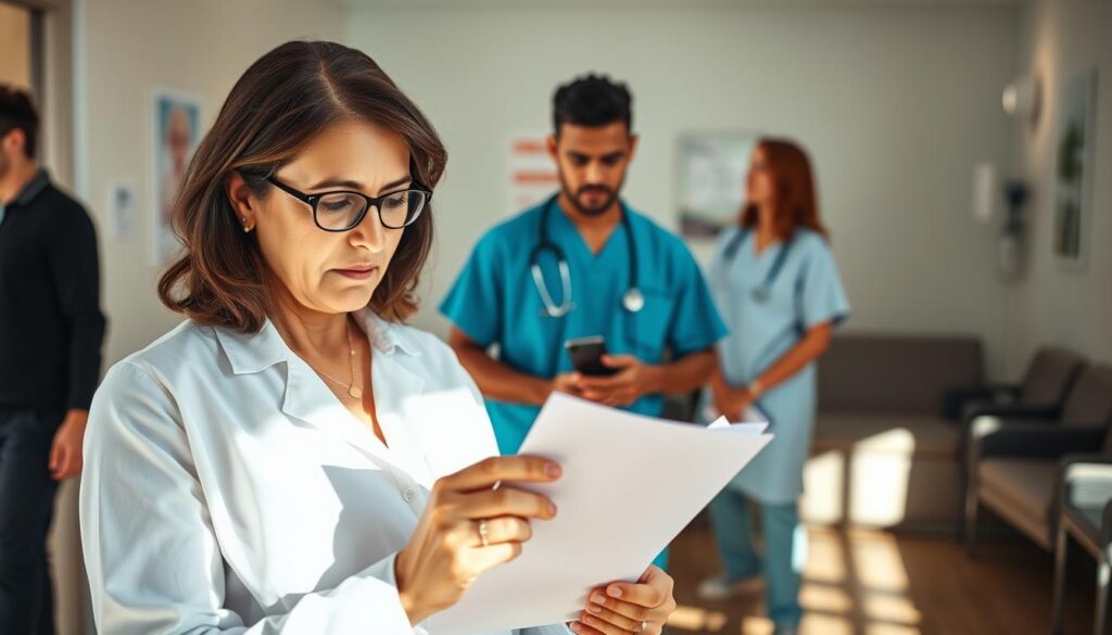 A serene healthcare setting featuring a diverse group of individuals preparing for health tests. In the foreground, a middle-aged woman reviews a health checklist, dressed in professional attire, with a look of concentration on her face. In the middle, a young man is seen discussing test procedures with a nurse in medical scrubs, showcasing collaboration and guidance. The background includes a well-lit waiting area with health posters and a stethoscope hanging on the wall, enhancing the mood of professionalism and care. Soft natural lighting bathes the scene, creating an inviting atmosphere. The focus is on fostering a sense of preparedness and support for health assessments.