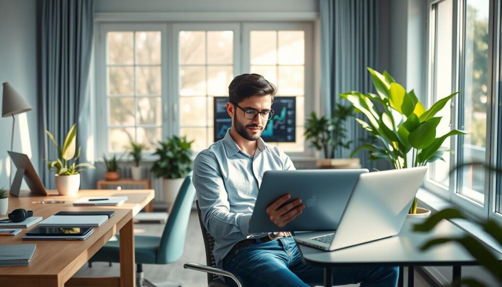 A serene home office setting, emphasizing the concept of digital professional services. In the foreground, a confident individual in smart casual attire works on a sleek laptop, focused on a digital project. To the left, a modern desk is adorned with tech gadgets, notebooks, and a potted plant, adding a touch of warmth. In the middle, a well-organized workspace features a large monitor displaying graphs and data, symbolizing business analytics. In the background, large windows let in soft, natural light, illuminating the room and casting gentle shadows. The atmosphere is vibrant and inspiring, suggesting productivity and creativity in a digital workspace. The color palette is calming, with blues and greens, enhancing the mood of professionalism.