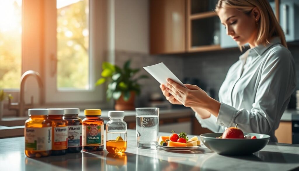 A serene kitchen setting with warm, natural lighting streaming through a window. In the foreground, a well-organized countertop features an array of vitamin supplements in colorful bottles and a glass of water. A person, dressed in professional casual attire, is thoughtfully reading a label, showcasing the importance of checking dosages and instructions. On the table, a healthy meal of fruits and vegetables is visible, symbolizing the integration of vitamins into daily nutrition. In the background, soft greenery can be seen through the window, enhancing the calm atmosphere. The image conveys a mood of health and wellness, emphasizing the right way to consume vitamins for optimal results, while promoting a balanced lifestyle.