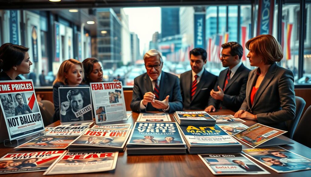 A sophisticated depiction of various types of political propaganda, focusing on their nature and mediums. In the foreground, showcase a series of eye-catching posters and pamphlets, each representing different propaganda styles—such as emotional appeal, factual information, and fear tactics—laid out on a modern wooden table. In the middle, feature a diverse group of individuals in professional business attire engaged in a discussion, analyzing these propaganda examples. The background should include a blurred cityscape with subtle hints of political campaign banners, enhancing the political atmosphere. Use bright, engaging lighting to evoke a sense of urgency and importance, shot from a slightly elevated angle to capture both the subjects and the diverse propaganda materials. The overall mood should convey a mix of seriousness and vibrancy, emphasizing the critical role of propaganda in the electoral process.