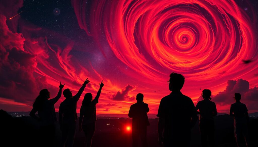A stunning and vivid depiction of the celestial phenomena expected in December 2025. The foreground showcases a vibrant, swirling sky filled with brilliant red, orange, and purple hues, reflecting the "Merah Pandeglang" phenomenon. The middle ground features silhouettes of excited observers gazing up, clad in modest casual clothing, some pointing at the sky in awe. In the background, a panoramic view reveals various astronomical events such as meteor showers and a visible comet streaking across the sky. The composition is illuminated by soft twilight lighting, creating a sense of wonder and anticipation. The scene should convey a serene yet exhilarating atmosphere, inviting viewers to look forward to these cosmic spectacles.