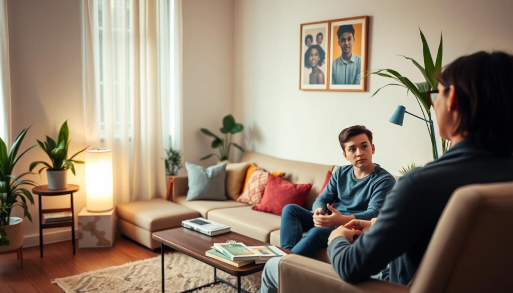 A tranquil counseling session featuring a professional psychologist and a teenager in a comfortable, softly lit room. In the foreground, a caring psychologist wearing smart casual attire actively listens to the teenager, who appears thoughtful and expressive, seated across from them. The middle ground showcases a cozy arrangement of cushions and a low-table with mental health resources like brochures and books. The background features warm, calming colors, with plants and artwork promoting emotional well-being. The lighting is soft and inviting, creating a soothing atmosphere. The overall mood is reflective and supportive, symbolizing the importance of psychological guidance for adolescents facing challenges.