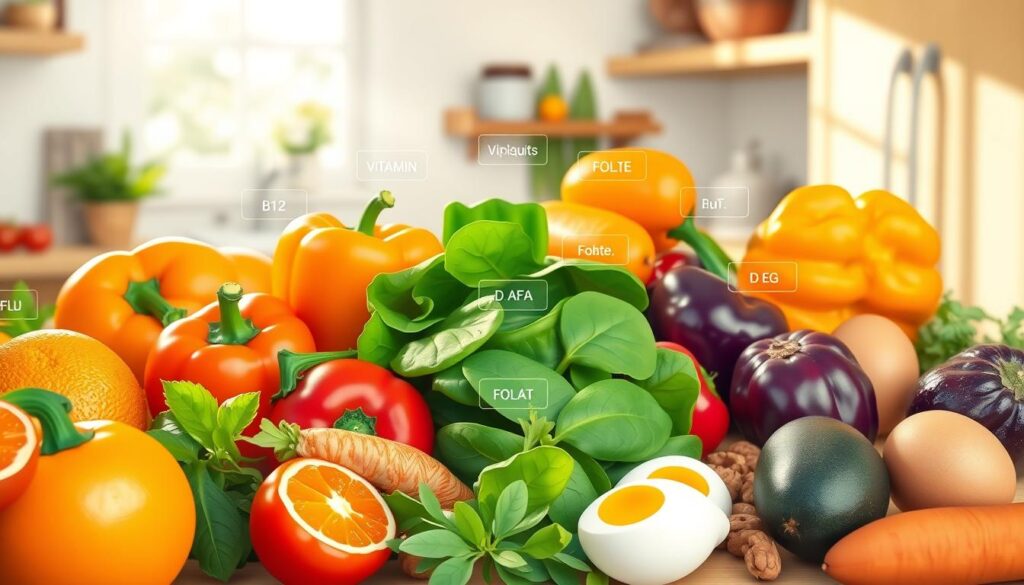 A vibrant and informative illustration showcasing various important vitamins and their functions. In the foreground, a collection of colorful fruits and vegetables, including oranges, bell peppers, and spinach, symbolizing Vitamin C, Vitamin A, and folate. In the middle ground, clear labels or icons representing different vitamins (like B12, D, E) surrounded by their corresponding food sources, such as fish, eggs, and nuts. The background features a soft-focus kitchen setting with natural light streaming through a window, creating a warm and inviting atmosphere. The overall mood of the image should inspire health and wellness, capturing the essence of nutrition in a fresh and engaging way.