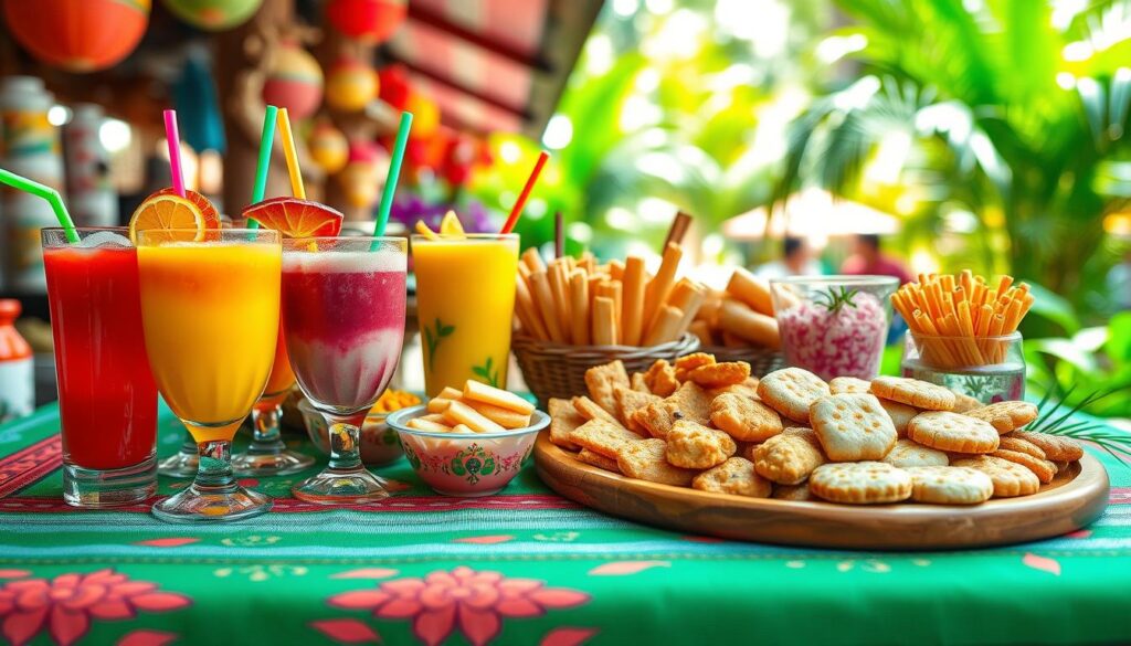 A vibrant arrangement of traditional Indonesian beverages and snacks, showcasing a colorful assortment of "minuman camilan nusantara." In the foreground, there are glasses filled with bright, refreshing drinks like es cendol and es kopi, adorned with colorful garnishes. Beside them, an elegant wooden platter displays an enticing selection of snacks, such as kerupuk, pisang goreng, and sticky rice cakes, each boasting a unique texture and flavor. In the middle ground, a traditional Indonesian tablecloth complements the display, while the background features a soft-focus view of lush tropical foliage, evoking a warm, inviting atmosphere. The lighting is bright and cheerful, capturing the essence of a sunny day in a bustling market. The overall mood is lively and enticing, inviting viewers to explore the rich culinary culture of Indonesia.