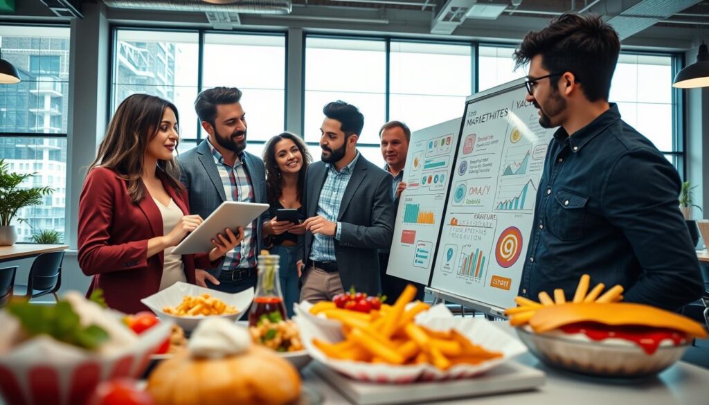 A vibrant digital marketing scene for a trendy food business, showcasing a diverse group of professionals in smart casual attire discussing strategies. In the foreground, a female marketer analyzes data on a tablet, while a male team member presents ideas on a whiteboard covered in colorful charts and social media icons. The middle ground features delicious food items styled beautifully, highlighting their appeal for online marketing. In the background, a modern workspace with large windows allowing natural light to pour in, creating an energetic and inspiring atmosphere. The angle is slightly elevated, capturing the collaboration and excitement around digital marketing for food enterprises, evoking a sense of innovation and professionalism.