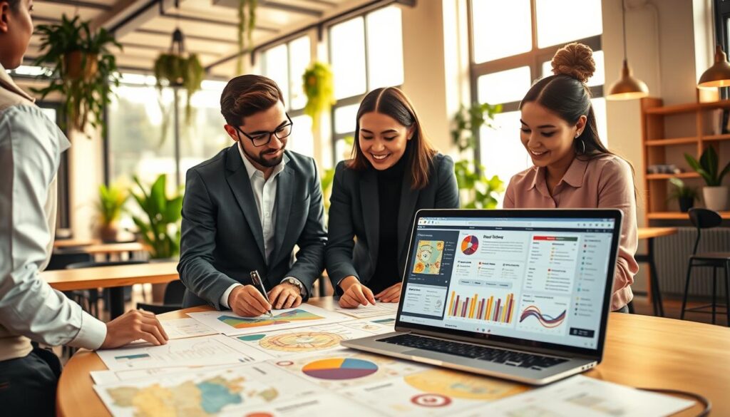 A visually appealing scene showcasing a strategic planning session for a contemporary food business. In the foreground, a diverse group of three professionals in modest business attire is gathered around a table filled with colorful charts and maps, analyzing location strategies and pricing models for trendy food offerings. The middle ground features a laptop displaying a vibrant menu and market analysis. The background includes a bright, modern café space with plants and decorative elements, creating an inviting atmosphere. Natural sunlight filters through large windows, casting warm light on the scene. The overall mood is collaborative and inspiring, reflecting a proactive approach to launching a successful food business.