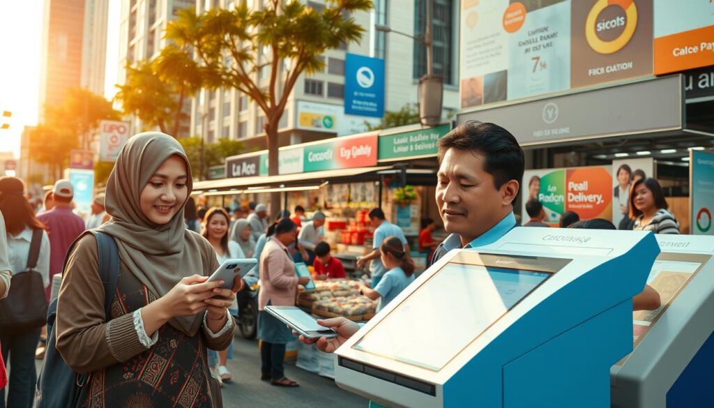A vibrant street scene in Indonesia showcasing various digital innovations impacting daily life. In the foreground, a diverse group of individuals, including a young woman in modest casual clothing using a smartphone for cashless transactions, and a middle-aged man in business attire engaging with a digital payment kiosk. In the middle ground, a bustling market with vendors using tablets for inventory management and customers accessing a local delivery app on their devices. The background features a modern cityscape with advertisements for mobile apps and digital services. Golden hour lighting casts a warm glow, creating an optimistic atmosphere while highlighting the integration of technology into everyday activities. The composition is captured with a wide-angle lens to emphasize the vibrant urban life of Indonesia.