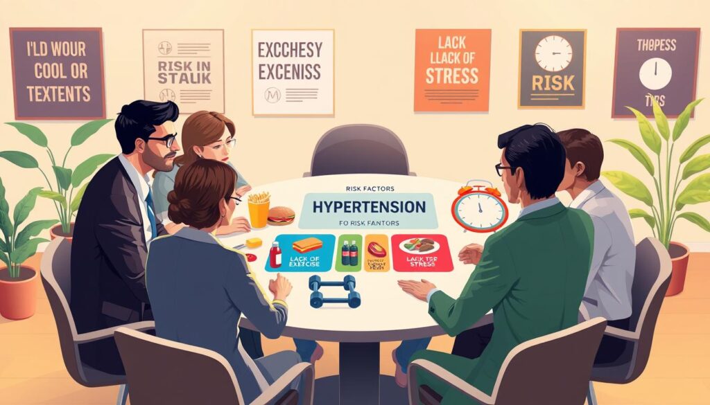 A visually engaging illustration depicting the risk factors for hypertension. In the foreground, a diverse group of professionals in business attire are discussing around a round table, looking at a colorful infographic that highlights hypertension risk factors like unhealthy diet, lack of exercise, and stress. The middle ground features a variety of items symbolizing these risk factors: a fast food meal, dumbbells, and a clock representing stress. The background consists of a soft-focus office environment with plants and motivational posters. The lighting is warm and inviting, creating a sense of seriousness but also hope. The angle is slightly elevated, providing a comprehensive view of the discussion, capturing the emotion of awareness and concern about hypertension. A visually engaging illustration depicting the risk factors for hypertension. In the foreground, a diverse group of professionals in business attire are discussing around a round table, looking at a colorful infographic that highlights hypertension risk factors like unhealthy diet, lack of exercise, and stress. The middle ground features a variety of items symbolizing these risk factors: a fast food meal, dumbbells, and a clock representing stress. The background consists of a soft-focus office environment with plants and motivational posters. The lighting is warm and inviting, creating a sense of seriousness but also hope. The angle is slightly elevated, providing a comprehensive view of the discussion, capturing the emotion of awareness and concern about hypertension.