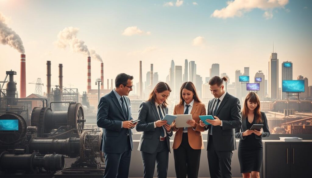A visually striking representation of the evolution from the Industrial Revolution to the Digital Age. In the foreground, depict a diverse group of professionals in smart business attire, engaged in discussions around modern technology such as laptops and tablets. In the middle ground, illustrate a blend of historical machinery like steam engines transitioning into sleek digital devices, showcasing the technological progression. In the background, show a skyline featuring both historical factories and modern skyscrapers adorned with digital screens, symbolizing industrial and digital innovation. Use soft, natural lighting to create a warm, optimistic atmosphere, with a slight lens blur effect on the edges to focus attention on the central interaction. The overall mood should inspire a sense of progress and transformation.